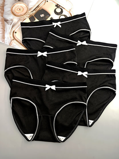 5pcs Chic Black Mid-Rise Women's Briefs with Cute White Bow Detail - Comfortable, Breathable & Sexy Ribbed Polyester Blend Panties, Hand Washable