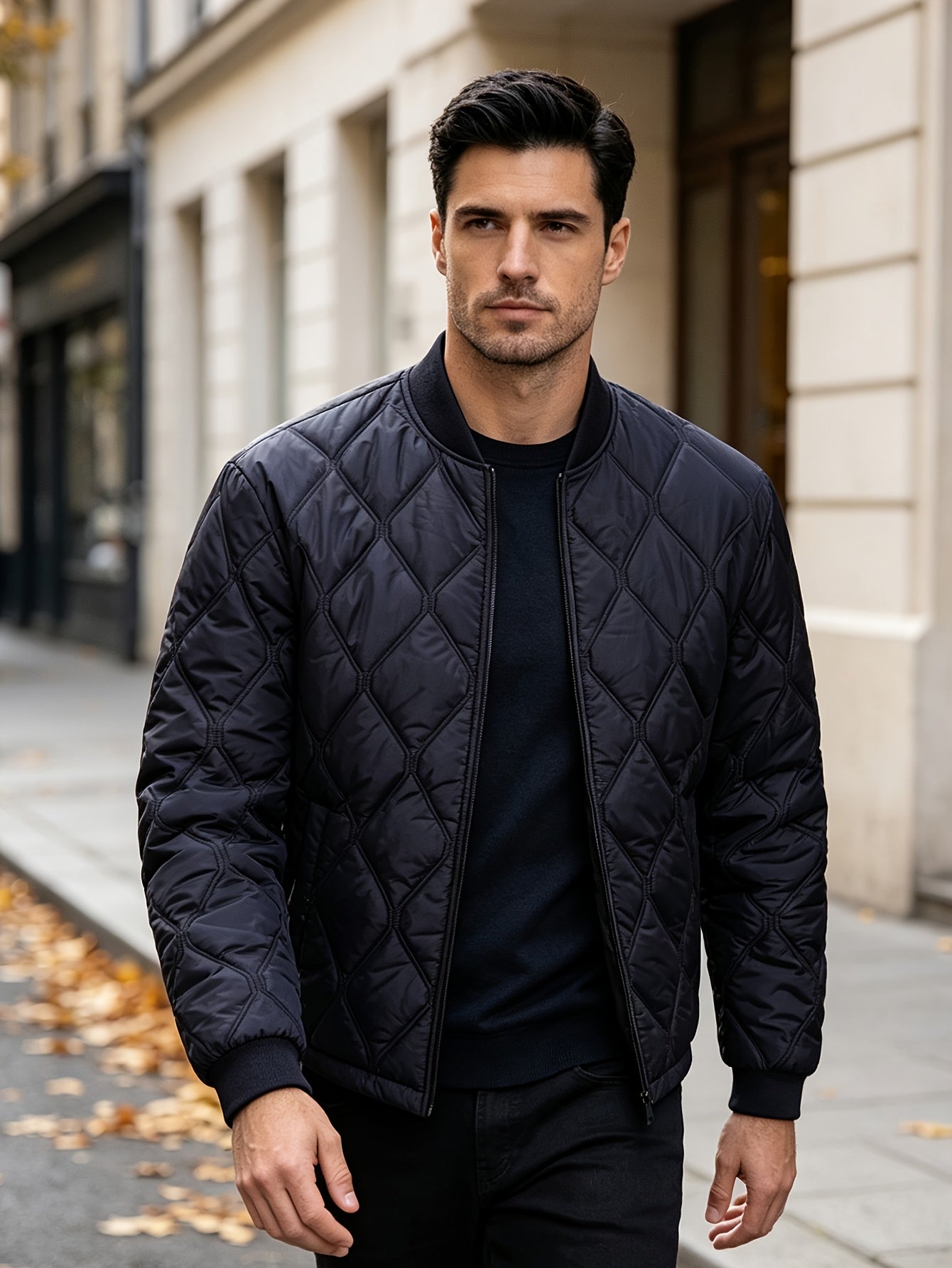 Men's Casual Black Diamond-Pattern Padded Jacket with Baseball Collar