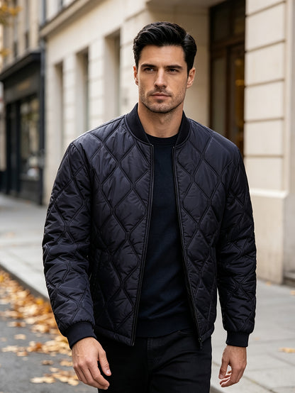 Men's Casual Black Diamond-Pattern Padded Jacket with Baseball Collar