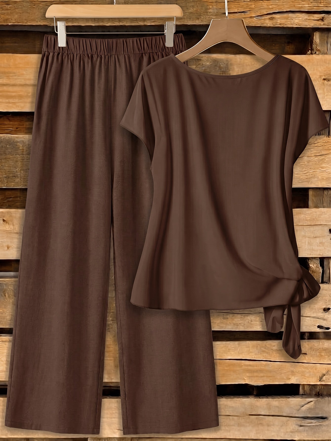Plus Size Women's Casual Set with Crew Neck & Wide-Leg Pants