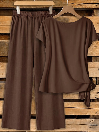 Plus Size Women's Casual Set with Crew Neck & Wide-Leg Pants