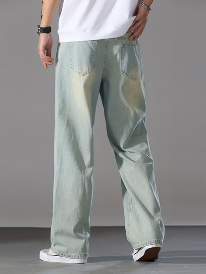 Men's Loose Solid Denim Barrel Pants With Pockets, Causal Cotton Blend Jeans For Outdoor Activities