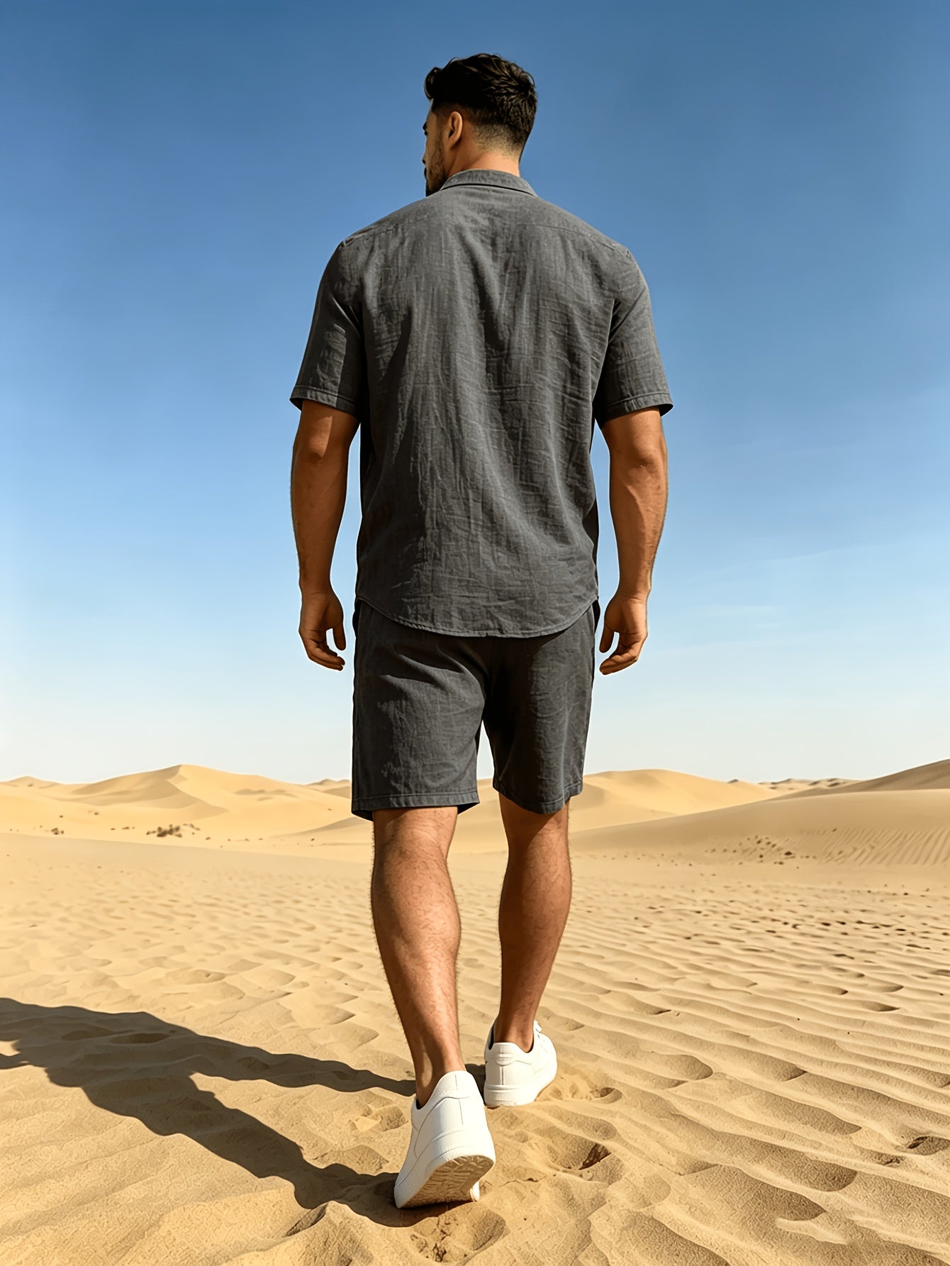 Men's Linen Short Sleeve Shirt & Solid Shorts Set for Summer
