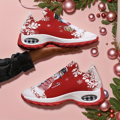 Women'S Slip-On Sneakers - Red & Snowman Print, Slip-On Closure, Cushioned Insole - All-Season Everyday & Formal Shoes - Easy-Clean Fabric Upper - Cozy Winter, Casual Footwear, Seasonal Fashion, Playful Design, Comfortable Fi