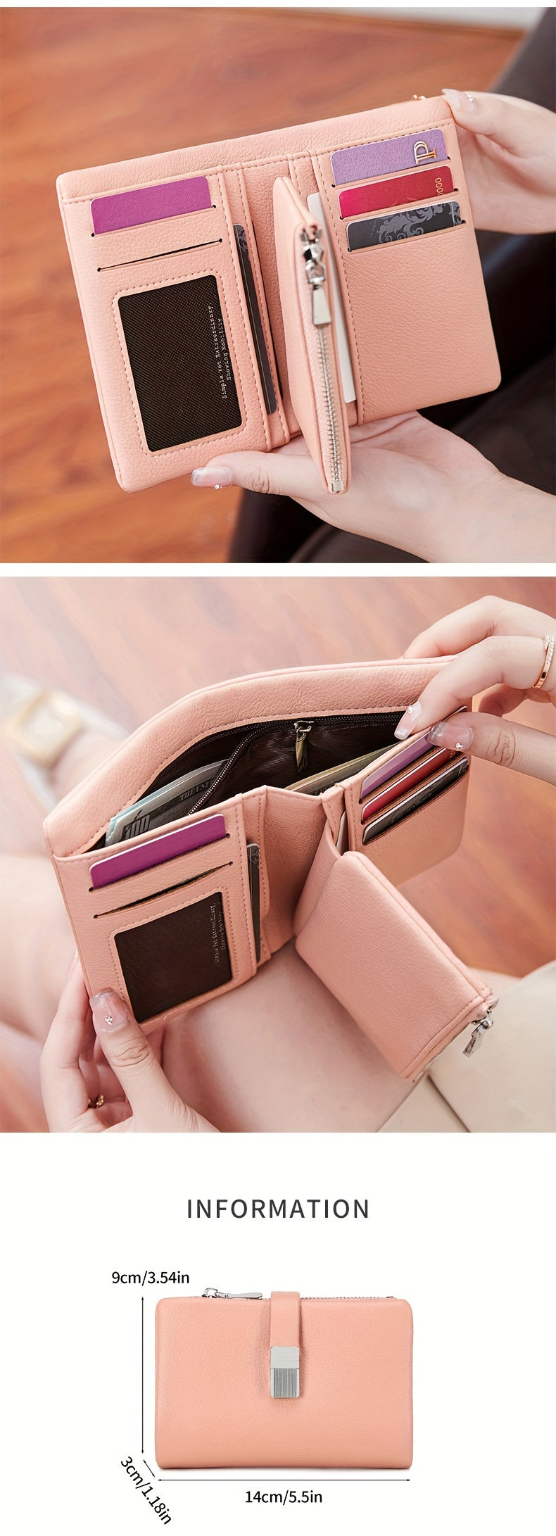 A Compact Trifold Wallet Made of Soft PU in a Solid Color, Featuring Metal Accents. It Includes a Zippered Coin Pocket, Card Slots, And an ID Window, Suitable for Credit Cards, ID Cards, Cash, And Coins. This Modern, Lightwei