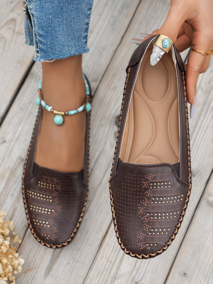 Women's Retro Perforated Flat Shoes, Comfy Breathable Round Toe Slip On Shoes, Casual Outdoor Loafers
