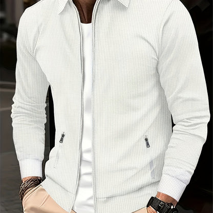 Men'S Solid Color Waffle Texture Zipper Jacket - Full-Zip Casual Coat with Full-Zip Closure, Long Sleeve Lapel Collar, /Navy Brown/