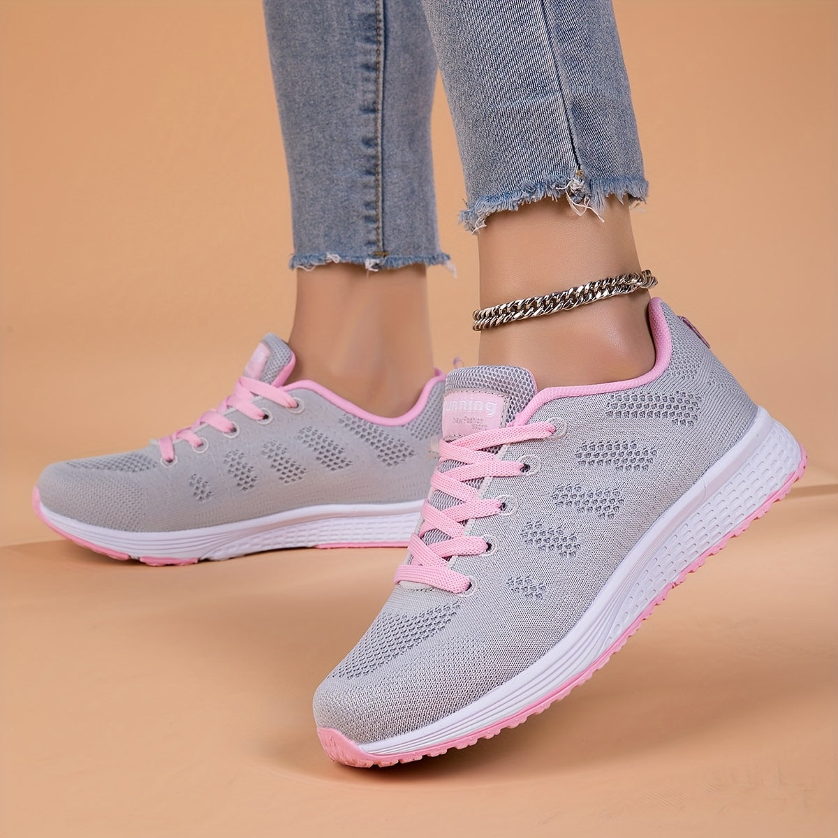 Women's Lightweight Breathable Mesh Running Shoes - Comfortable Low-Top Sneakers with Non-Slip MD Sole, Lace-Up Closure, and Stylish Pink Accents for All Seasons