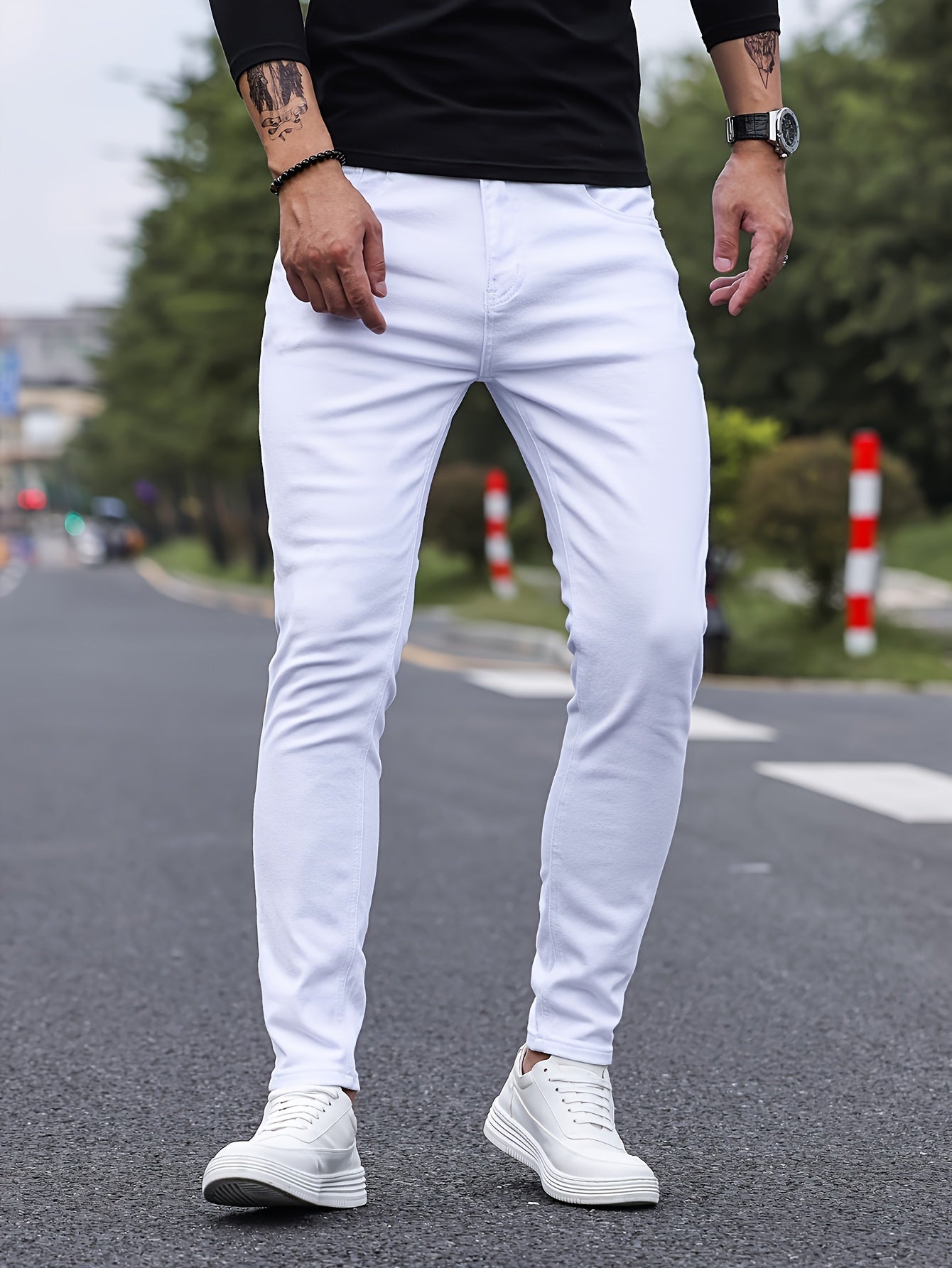 Slim Fit Chic Jeans, Men's Casual Street Style All Match Stretch Denim Pants With Pockets