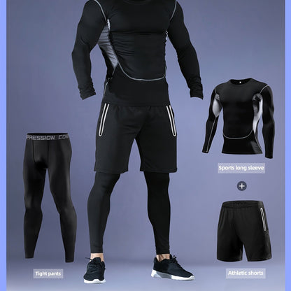 Men'S 3pcs Athletic Set, Breathable Mesh Long Sleeve Top, Skinny Fit Polyester & Spandex, Crew Neck, Solid Color, High Stretch, for Running, Basketball, Hiking, Training - Fall/Winter Sports Outfit
