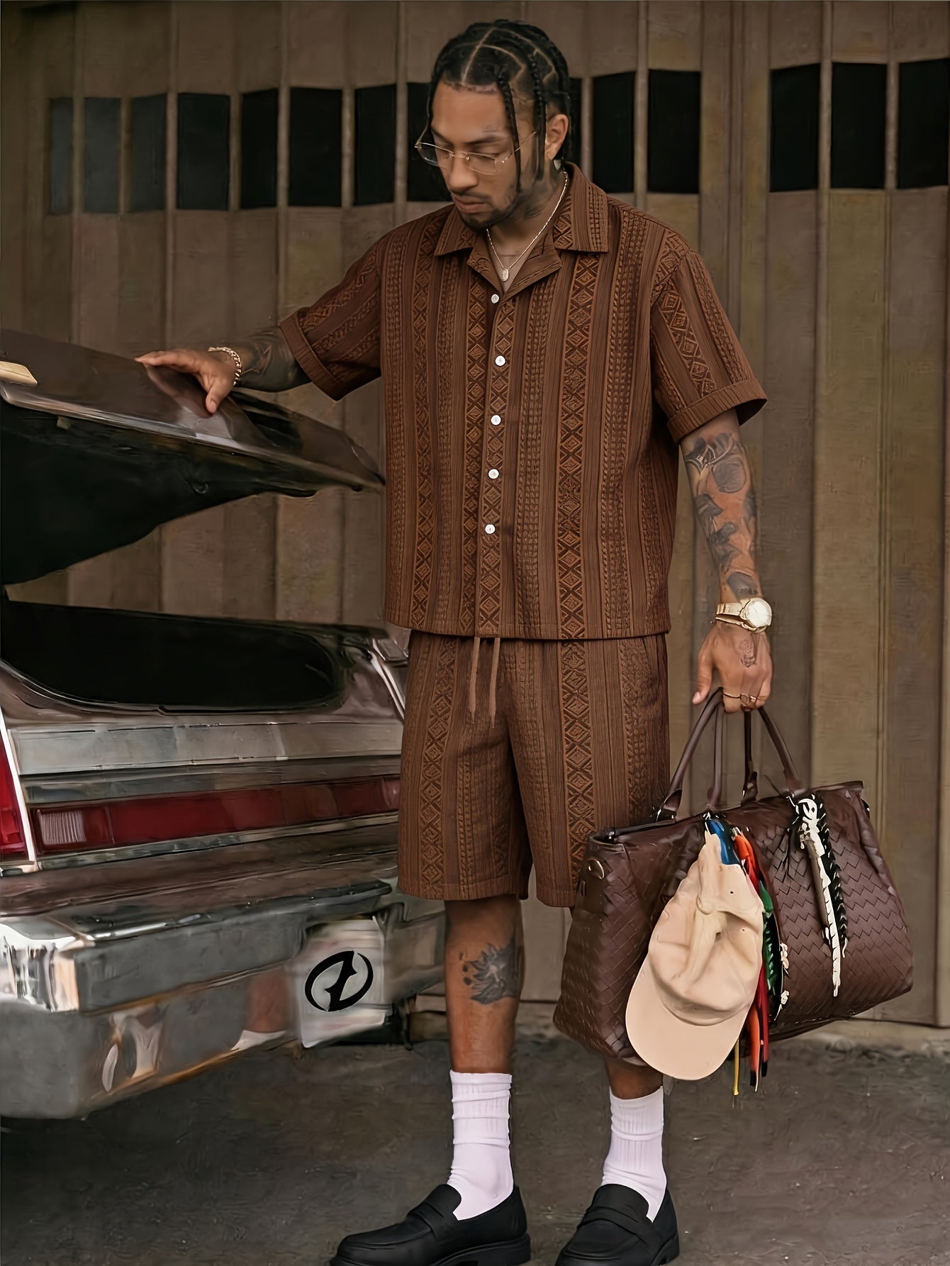 Men's Summer Lapel Shirt & Shorts Set with 3D Diamond Texture