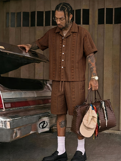 Men's Summer Lapel Shirt & Shorts Set with 3D Diamond Texture