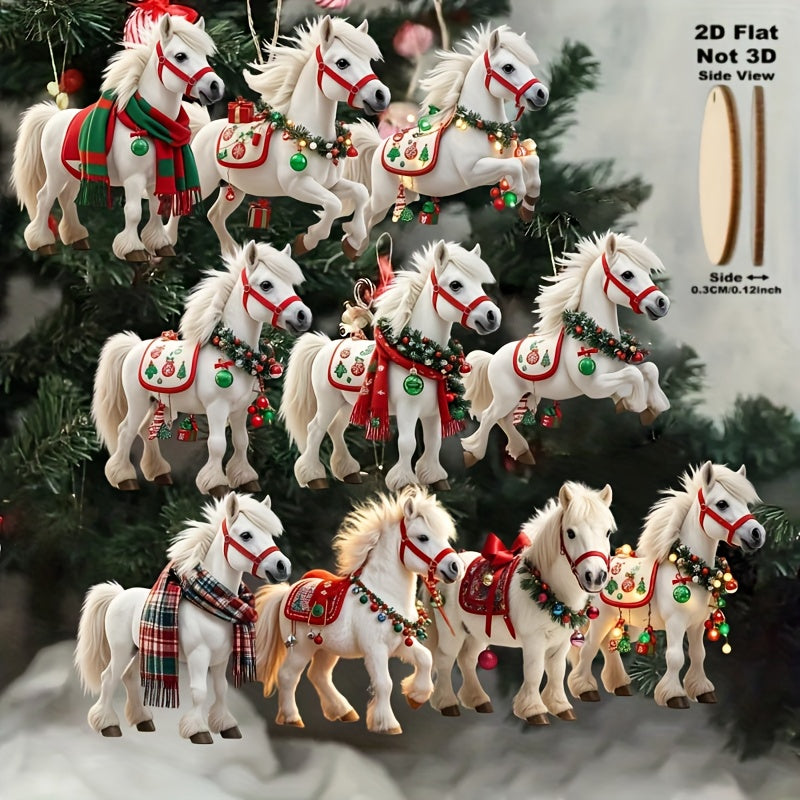 2D Flat, 10pcs White Horse Christmas Tree Ornaments - 2D Flat Hanging Decorations with Red & Green Harnesses, No Electricity Needed