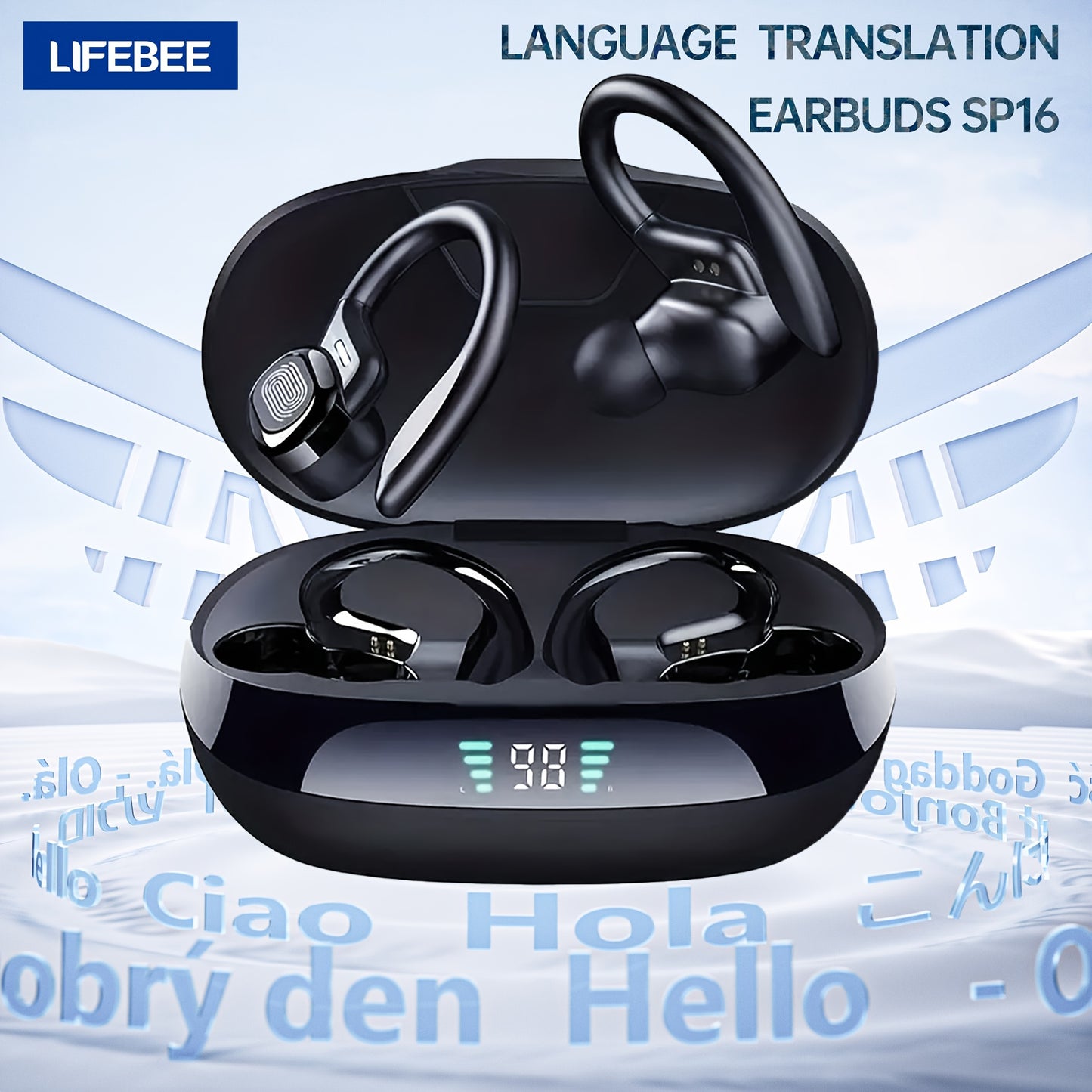 LIFEBEE Real-Time Multi-Language Translation TWS Sports Earbuds, True Wireless Ear Hook Headphones with Microphone, Wireless Connectivity, Volume Control, USB Rechargeable - Ideal for Workout & Daily Use, Wireless Earbuds