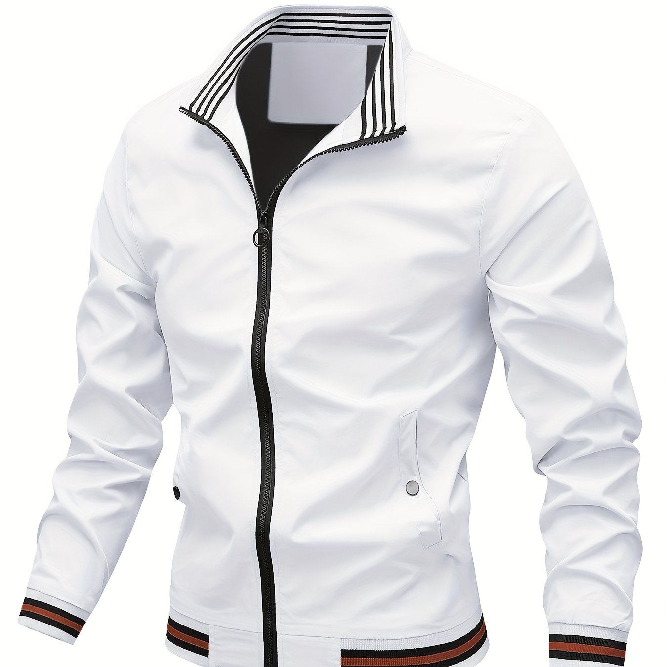 Men's Stand Collar Long Sleeve Zip Up Sports Jacket With Contrast Trim Design, Men's Spring Fall Outwear, As Gifts
