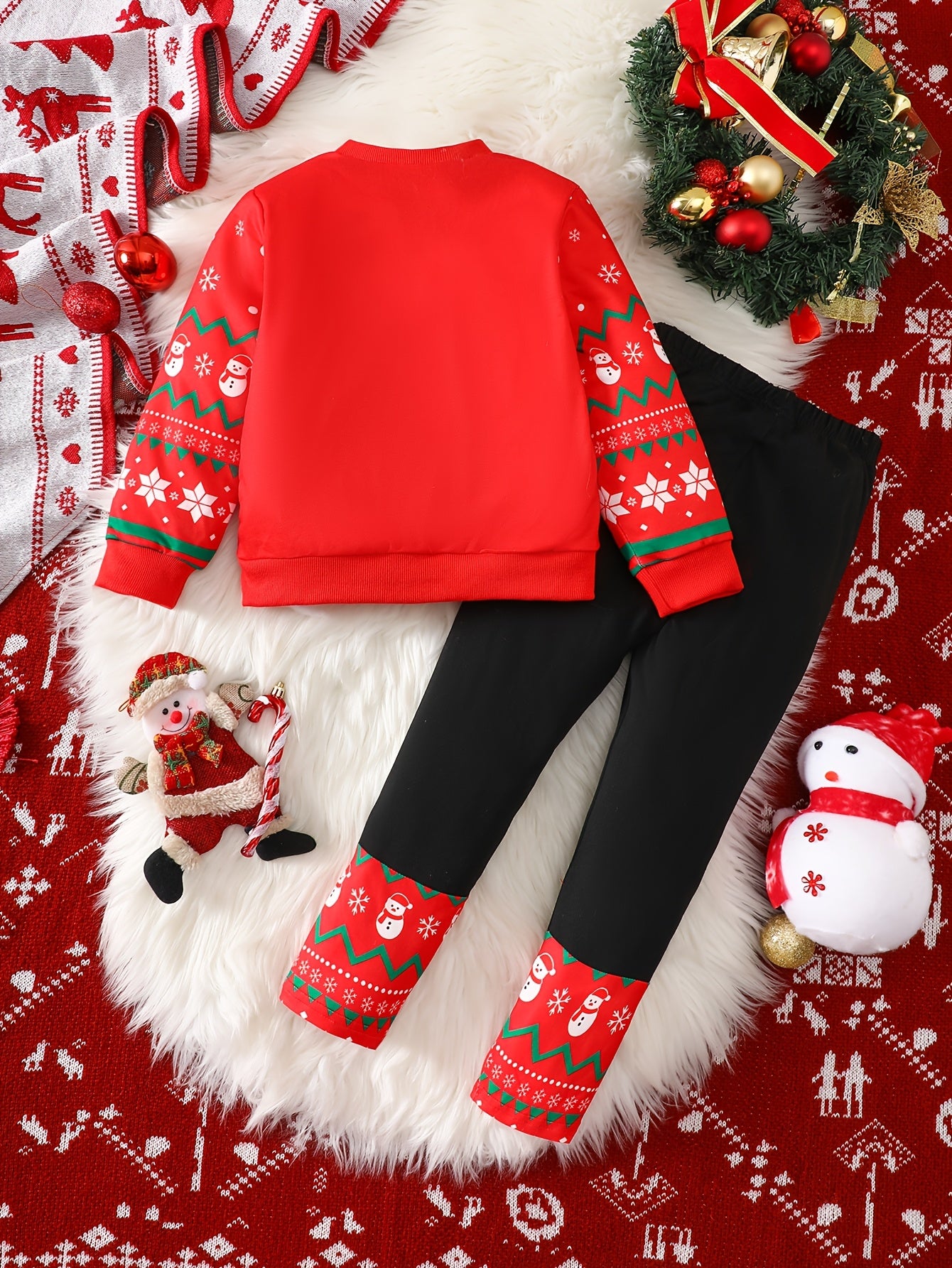 2pcs Girls' Christmas Outfit Set - Red Long Sleeve Top & Black Pants with Santa Claus, Snowflakes & SnowChildren - Cozy Winter Party Outfit for Christmas Day, for Outdoor, Christmas Clothes, Festive Clothing, Holiday Clothing