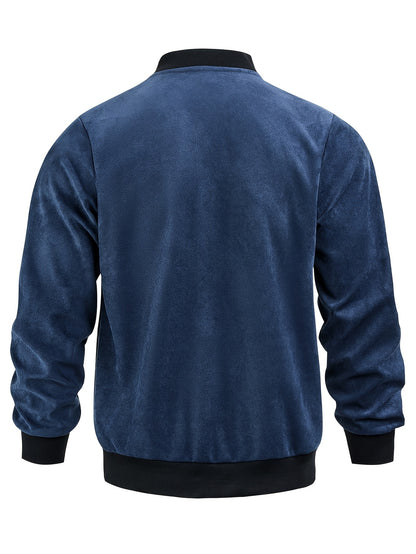 Men's Casual Full-Zip Bomber Jacket with Ribbed Cuffs for Fall/Winter