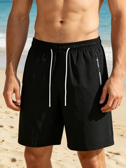 Men's Casual Swim Trunks with Elastic Waistband and Zipper Pocket - ayq