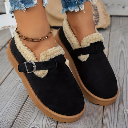 Women'S Warm Fleece-Lined Ankle Slippers, Solid Color, Round Toe, Fabric Upper/Inner, Rubber Sole, Cozy Winter Footwear