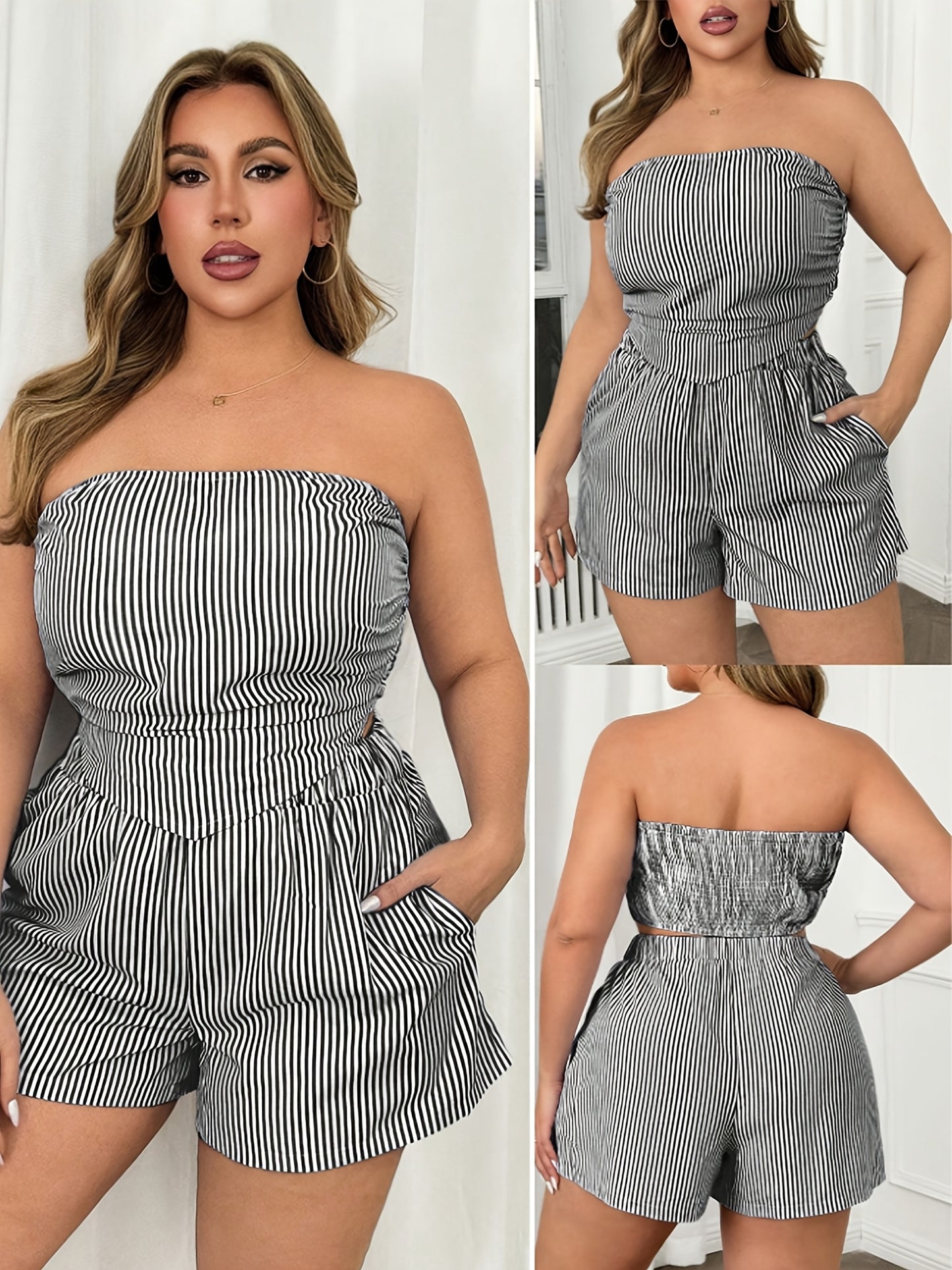 Plus Size Summer Striped Strapless Crop Top & Shorts Set