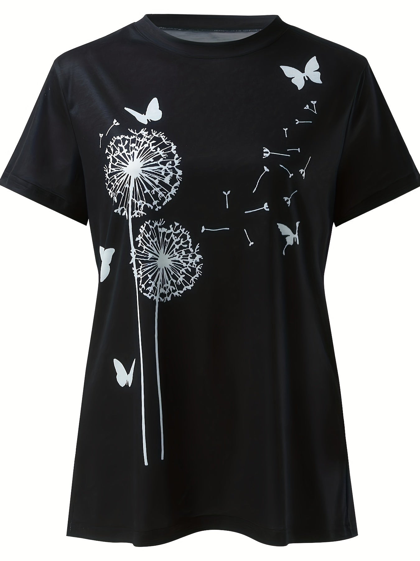 Dandelion &amp; Butterfly Print T-shirt, Casual Crew Neck կարճ թև վերնաշապիկ գարնան և ամառի համար, կանացի հագուստ