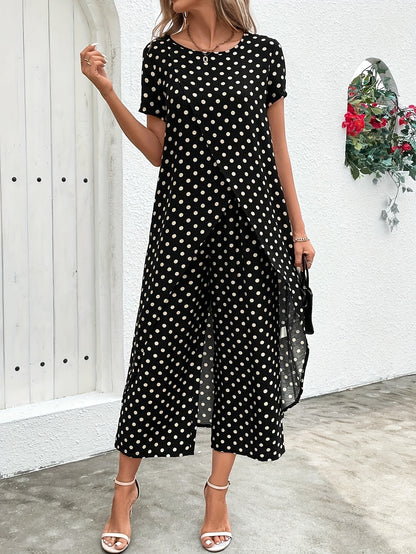 Chic Black & White Polka Dot Cross-Front Short Sleeve Maxi Robe and Pants Set - Elegant Summer Outfit for Women, Crew Neck, Non-Stretch Fabric with Asymmetrical Detail, Plus Size Friendly, Casual Elegance Wear | Polka Dot Pat