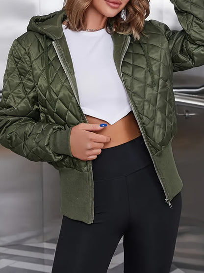Women's Thick Zip-Up Hooded Jacket - Olive Green Full-Zip Front Closure, Non-Stretchy Structured Fit Coat for Casual, Formal, - Machine Washable Outerwear, Casual Wear, Classic Design, Highquality Material, Office Attire