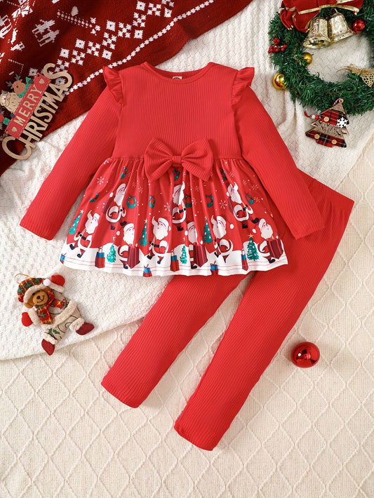 2pcs Girls' Long Sleeve Pullover Dress Set, Christmas Print, Stretchy Ribbed Fabric Top with Ruffle Sleeve and Flared Hem, Bow Decoration, Solid Color Ribbed Pants, for Daily Casual Wear, Suitable for Outdoor Scenes, Gift for