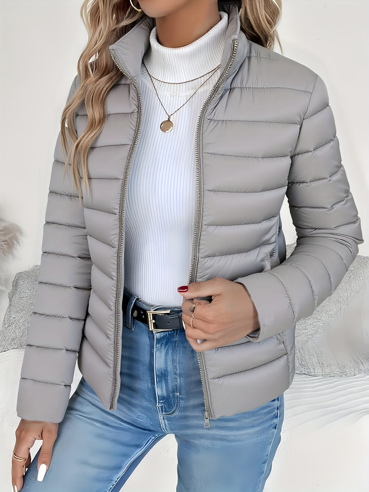 Women's Slim-Fit Quilted Polyester Jacket with High Neck