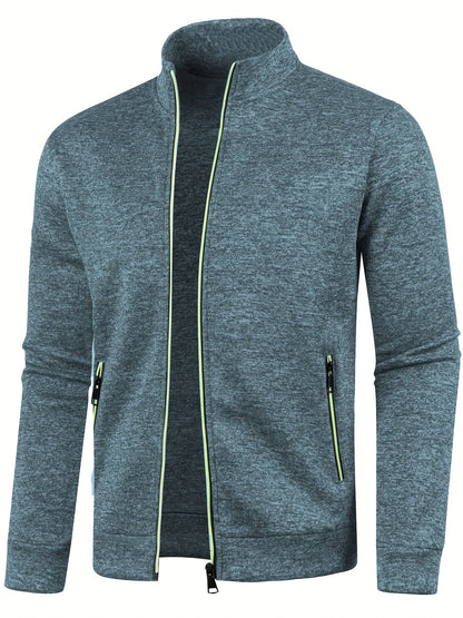 Elegant Mid Stretch Cardigan, Men's Casual Full Zip Up Cardigan Sweater Coat For Fall Winter
