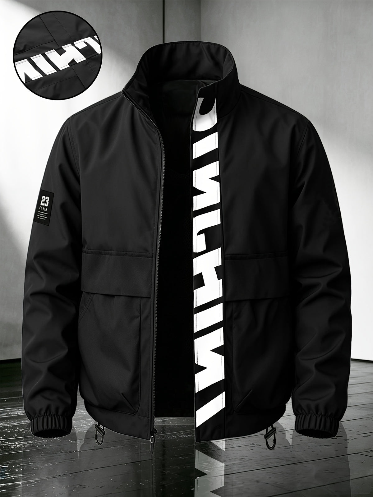 Men's Casual Polyester Bomber Jacket with Stand Collar