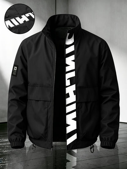 Men's Casual Polyester Bomber Jacket with Stand Collar