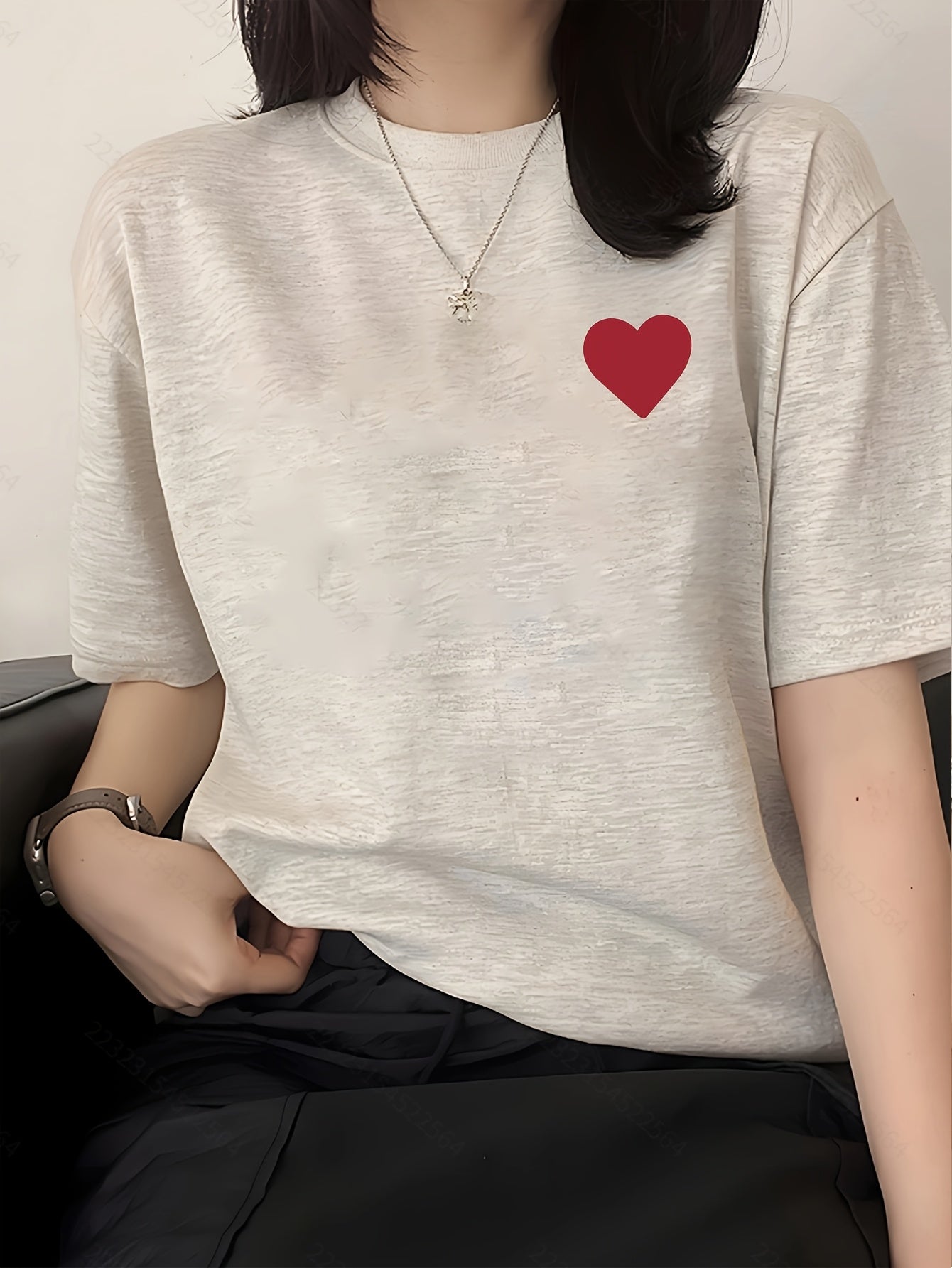 Women's Casual Cotton Love Pattern T-Shirt, Short Sleeve