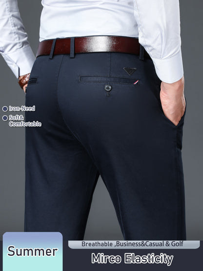 Men's Solid Color Straight Leg Business Style Cotton Blend Pants, Casual Comfy Breathable Outdoor Trousers As Gift