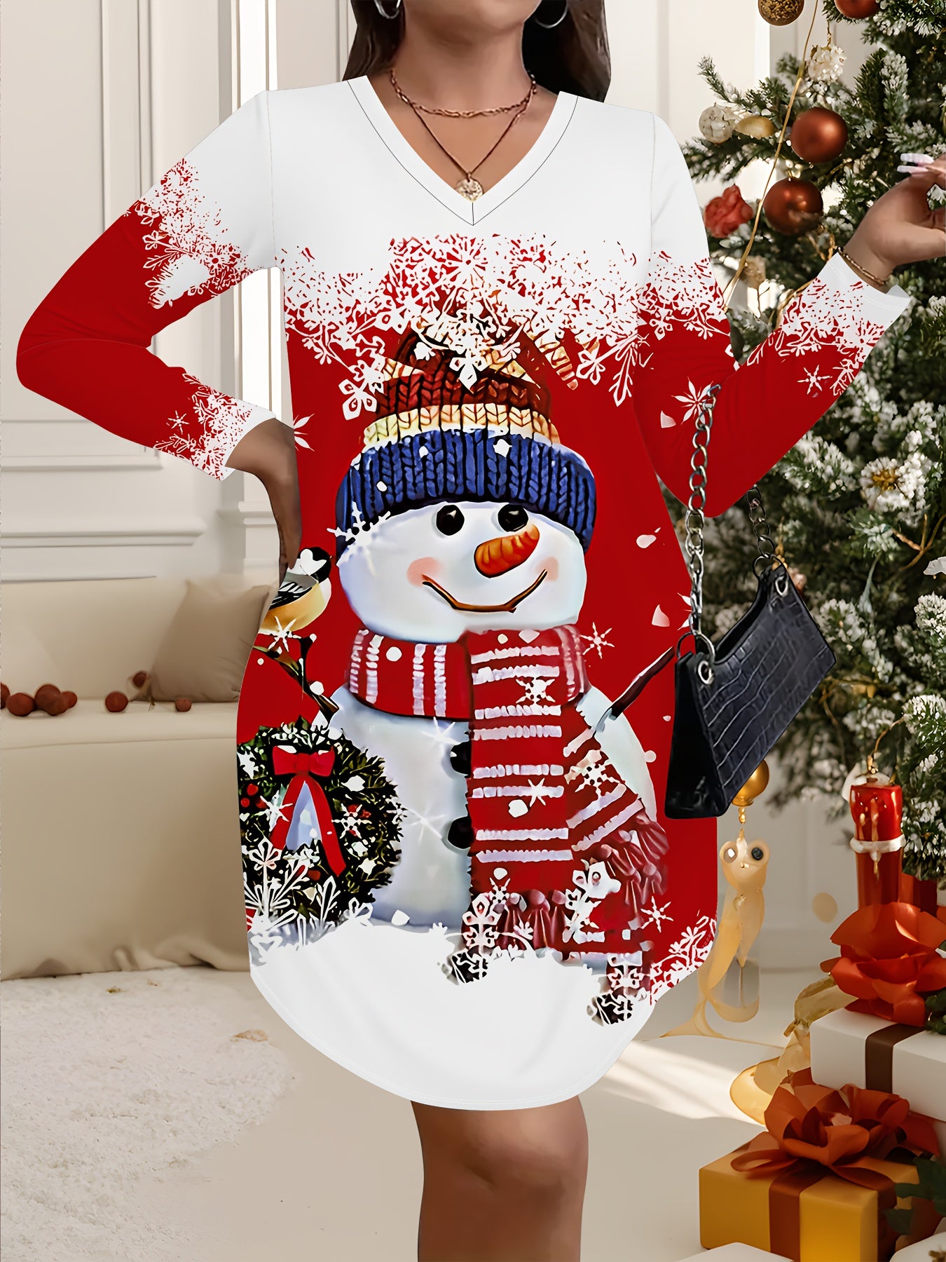 Մեծ չափս - Մեծ չափս - Մեծ չափս, կանացի մեծ չափսի Սուրբ Ծննդյան զգեստ - կարմիր և սպիտակ ձնեմարդու նախշերով և ձյան փաթիլներով, V-ձև դեկոլտեով երկար թևքերով երեկույթի և ամենօրյա ձմեռային հանդերձանք - Հարմար է տոնական միջոցառումների և ցուրտ եղանակի համար - Էլ