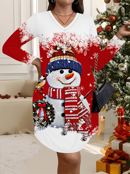 Մեծ չափս - Մեծ չափս - Մեծ չափս, կանացի մեծ չափսի Սուրբ Ծննդյան զգեստ - կարմիր և սպիտակ ձնեմարդու նախշերով և ձյան փաթիլներով, V-ձև դեկոլտեով երկար թևքերով երեկույթի և ամենօրյա ձմեռային հանդերձանք - Հարմար է տոնական միջոցառումների և ցուրտ եղանակի համար - Էլ