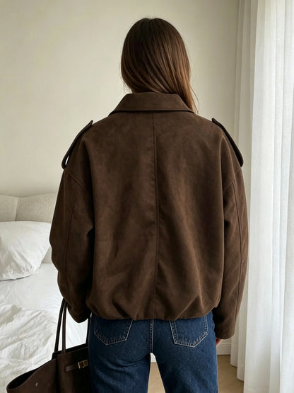 Women’s Casual Solid Color Drop Shoulder Jacket with Zipper