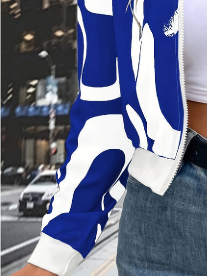 Կանացի ոճային սև-սպիտակ աբստրակտ նախշերով կայծակաճարմանդով կարդիգան բաճկոն - երկար թևքերով առօրյա սվիտեր գոտիով, բոլոր եղանակների համար, առօրյա հագուստի բաճկոն | Ժամանակակից առօրյա բաճկոն | կայծակաճարմանդով բաճկոն