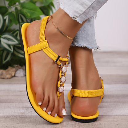 Elegant Summer Women's Flat Sandals with Rhinestone Embellishments and Strappy Back, Split Toe Design, Rubber Sole – Non-Washable, Man Made Materials – Taizhou-Origin