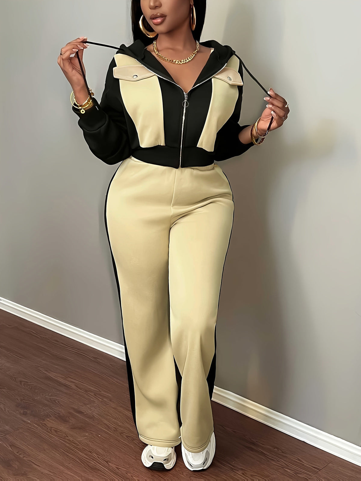 Women’s Color Block Hooded Sweatshirt and Pants Set for Fall-Winter - ayq