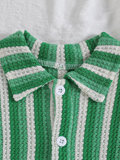 Boys' Summer Striped Waffle Knit Shirt & Shorts Set