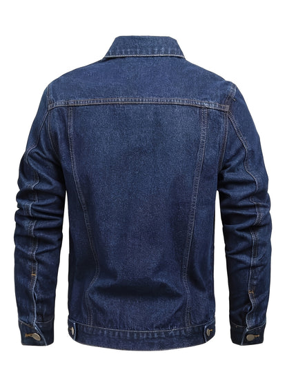 1pc Men'S Casual Denim Jacket, 80% Cotton 20% Polyester, Solid Color, Lapel Collar, Non-Stretch Woven Fabric, Regular Fit with Pockets