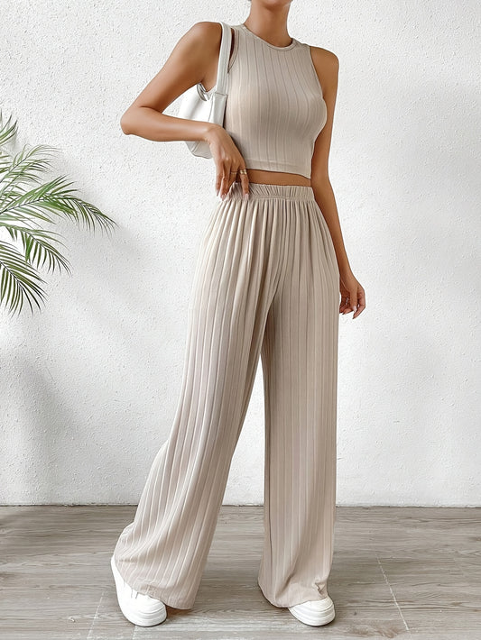 Solid Ribbed Elegant Pants Set, Crew Neck Sleeveless Slim Tank Top & Elastic Waist Wide Leg Pants Outfits, Women's Clothing