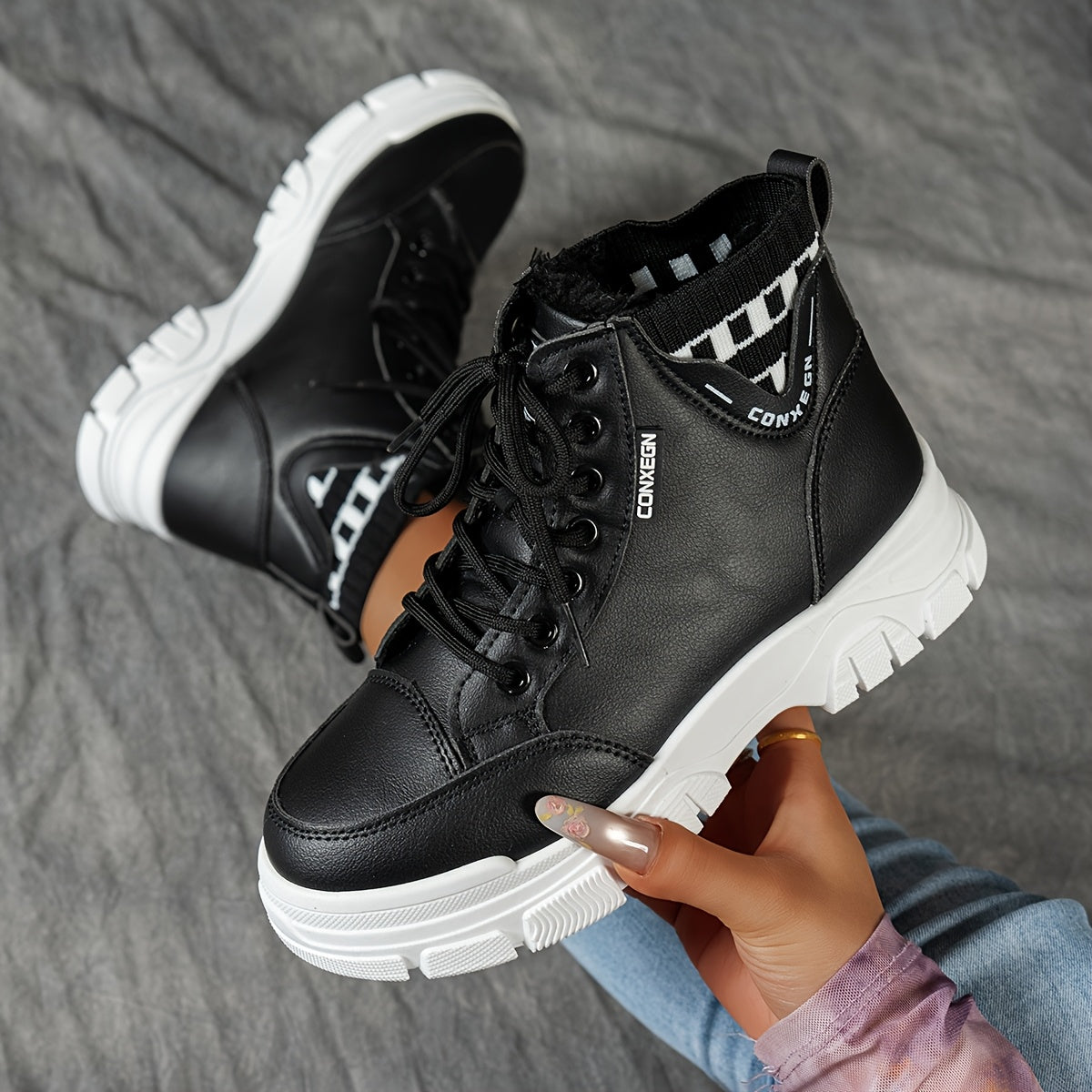 gfhfgjjfg Women's Casual High-Top Platform Ankle Boots with Lace-Up Closure, Thick Rubber Sole & Faux Cover Upper - Winter Warm Round Toe Boots for Casual Attire (Black/White/Beige), Comfortable Footwear, Durable Traction Foo