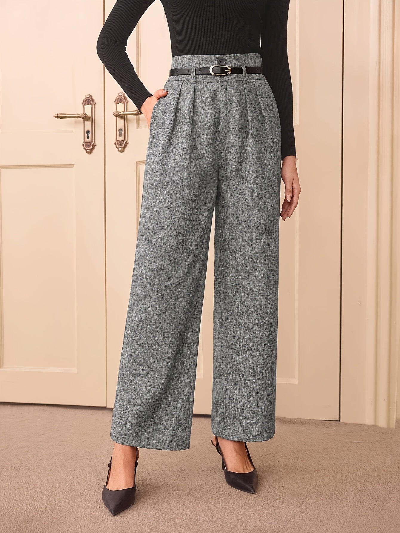 Large Elegant High-Waist Gray Wide Leg Pants for Women - Polyester Blend, Casual Straight Cut, Non-Stretch Solid Color, Long with Button Detail, All-Season Wear