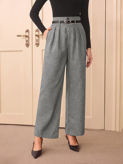 Large Elegant High-Waist Gray Wide Leg Pants for Women - Polyester Blend, Casual Straight Cut, Non-Stretch Solid Color, Long with Button Detail, All-Season Wear