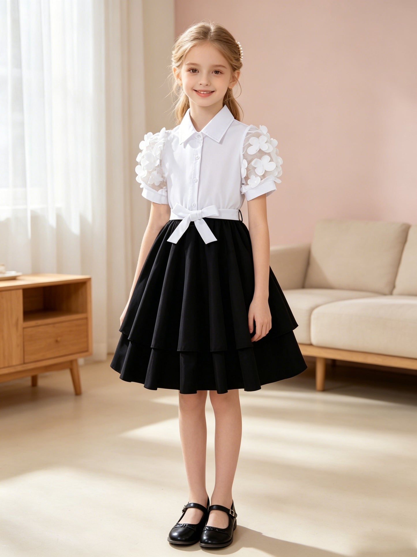Girls' Summer Layered Skirt Set with Floral Tulle Top & Cardigan