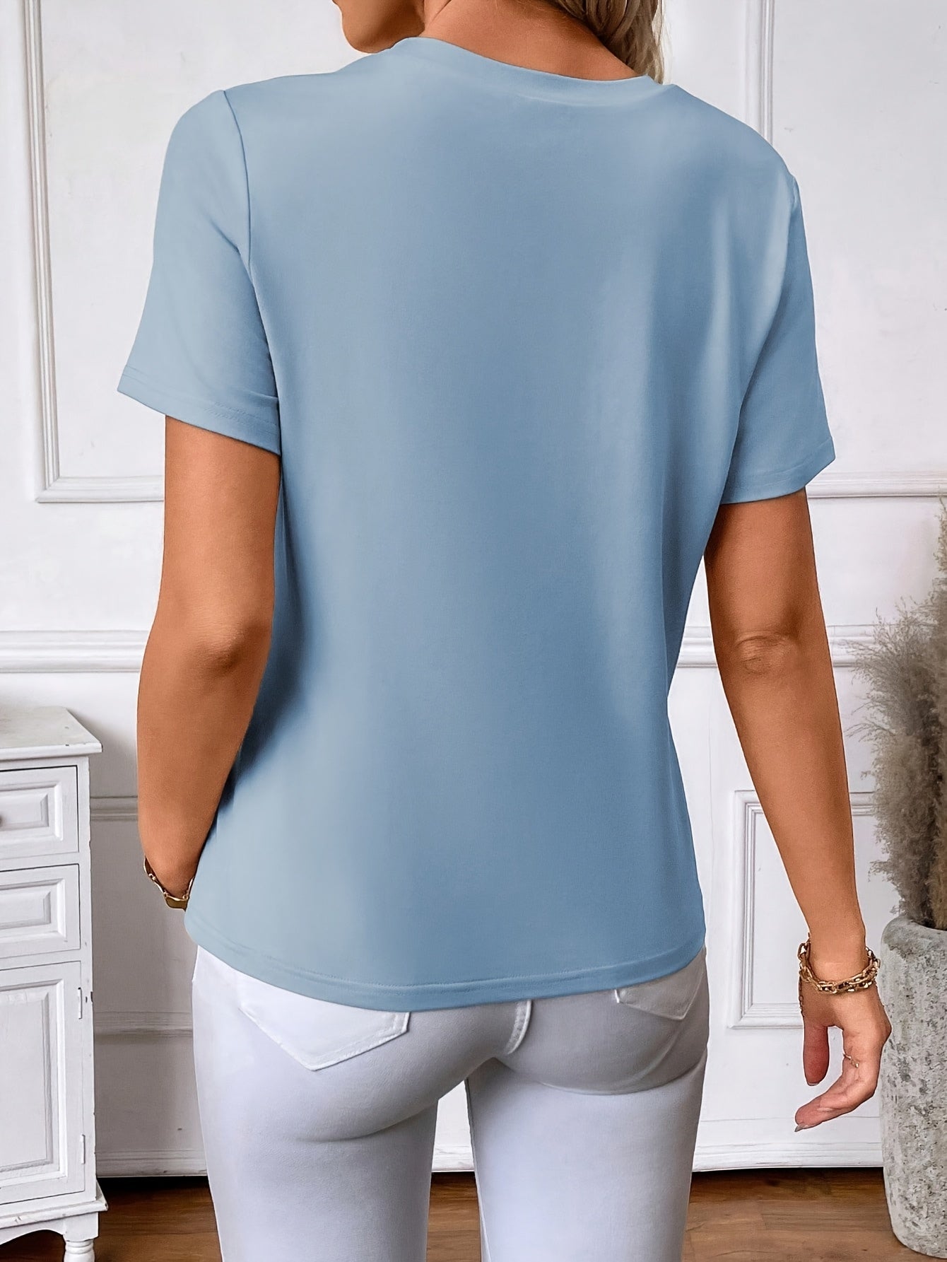 Women'S Beaded Embellished Short Sleeve T-Shirt - Round Neck Casual Top for Spring & Summer, Lightweight Polyester Blend, Elegant Beaded Detailing, Perfect for Casual Attire
