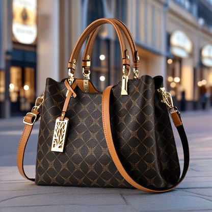 Women's Top-Grain Leather Handbag with Adjustable Strap - Geometric Pr