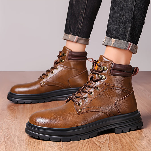 Men's All-Season Preppy Leather Ankle Boots with Rubber Sole